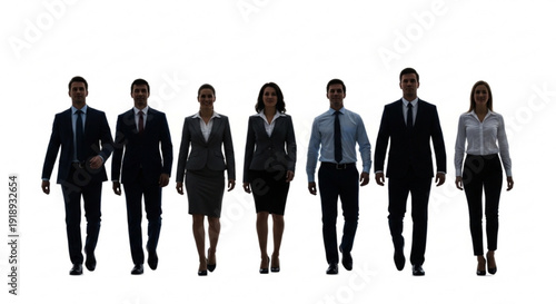 Group of business professionals walking together in a formal attire on a neutral background from a frontal viewpoint