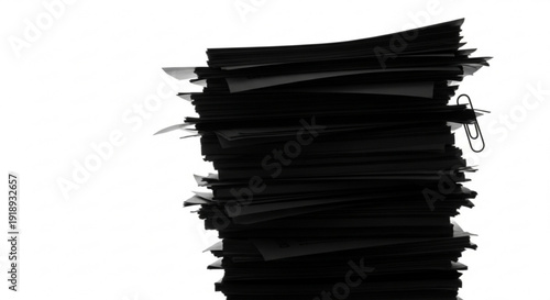 A stack of black papers with clips attached, viewed from the side, showcasing office supplies in a simple composition