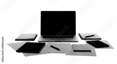 Modern workspace setup with laptop and various office supplies on a desk viewed from directly above