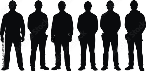 Construction worker silhouette set, industrial labor figures illustration, builder uniform outline, safety helmet people shapes, professional workforce design artwork