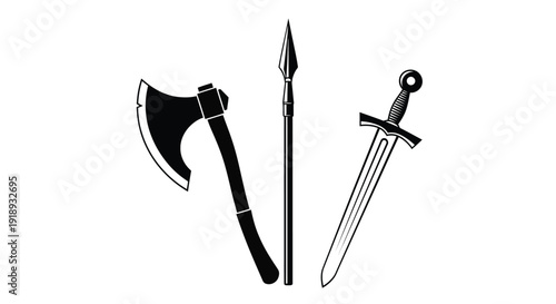 Black and white illustration of an axe spear and sword