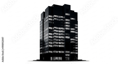 A tall, dark office building with many windows stands prominently from a low angle viewpoint