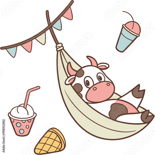 Vector illustration of a Surprised Cow with in a hammock, styled in a Ice cream party theme using Scoops & Swirls colors