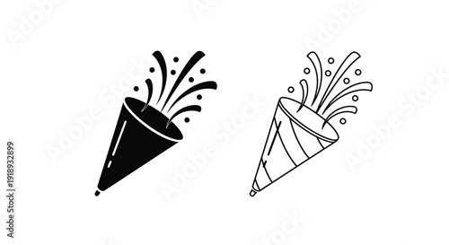 Two party poppers one solid black and one striped with confetti bursts