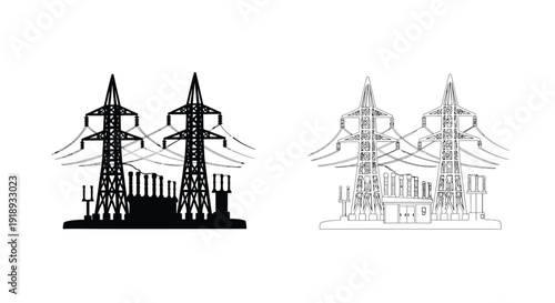 Illustration of high voltage electricity pylons and power transmission infrastructure