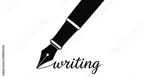 A sleek black fountain pen with the word writing elegantly scripted below