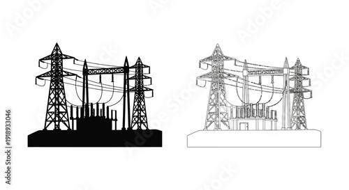 Two depictions of high voltage electrical power transmission towers