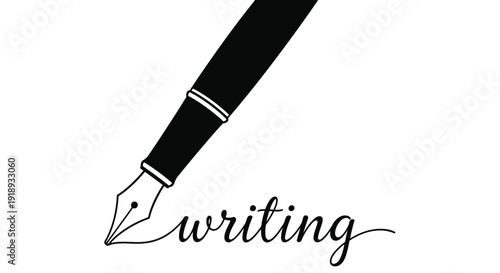 A black fountain pen with the word writing elegantly scripted below