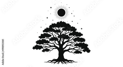Stylized black tree silhouette against a night sky with sun or moon