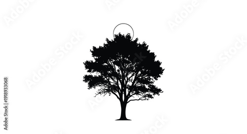 Silhouette of a tree with a circular halo above it on a white background