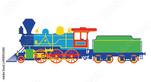 Colorful illustration of a classic steam locomotive train with vibrant shapes