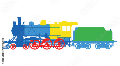 Colorful silhouette of a vintage steam locomotive with red wheels