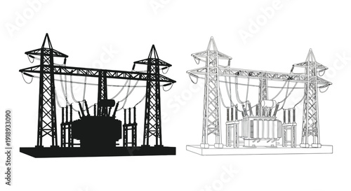 Illustrative depiction of high voltage power substations and electrical transmission towers