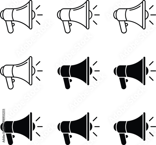 Megaphone icon illustration set, loudspeaker announcement symbols collection, marketing promotion outline, communication device shapes, advertising broadcast speaker design artwork