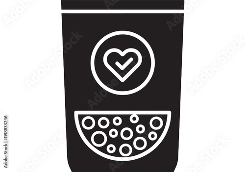 Cup bubble tea icon with heart label and tapioca pearls, black and white glyph silhouette for cafe menu, beverage app UI, sticker, and packaging design