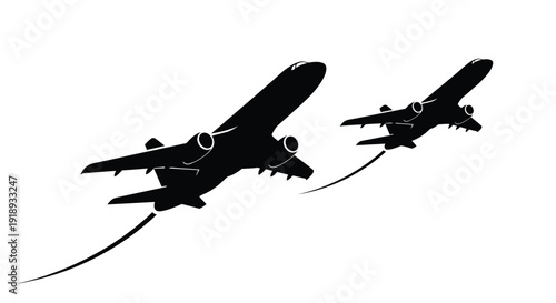 Silhouetted airplanes in flight depicting aerial travel and aviation