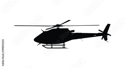 A black silhouette of a helicopter in mid flight against a white background