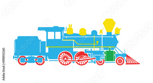 Stylized illustration of a colorful vintage steam locomotive train