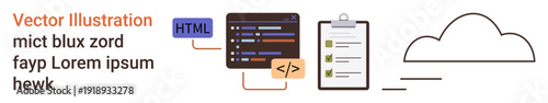 Web development, cloud storage, coding education, task management, technology concepts, data storage. Coding interface with an HTML symbol, checklist and cloud. Web development and cloud storage