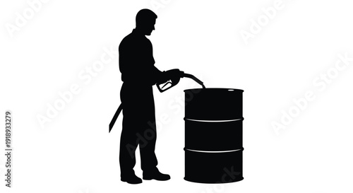 Silhouette of a man fueling a large black barrel with a pump