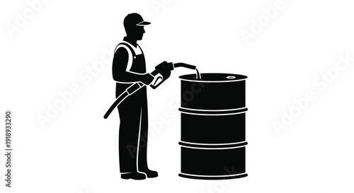 A silhouette of a worker fueling a large black barrel with a hose