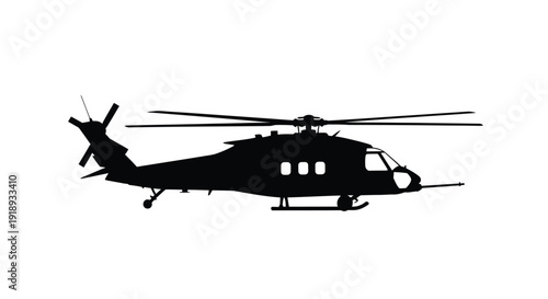 Silhouette of a military helicopter against a plain white background