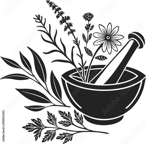 Black and white illustration of a mortar and pestle