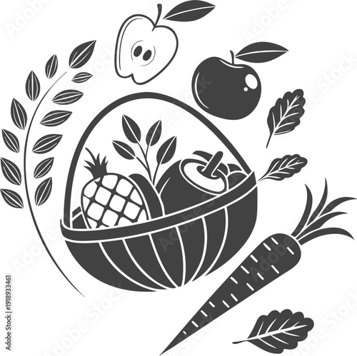 silhouette of a market stall display overflowing with various fresh fruits like bananas, apples, and grapes, ideal for farmer's market, grocery store, and healthy food designs