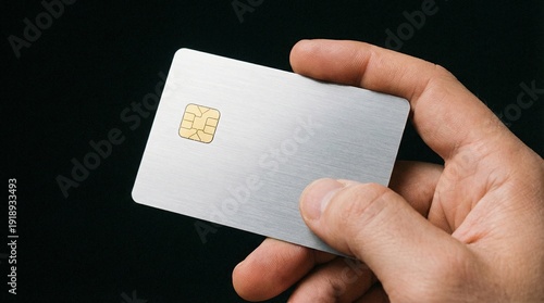A close-up of a single hand holding a generic, sleek silver credit card with a gold chip, isolated against a dark background.