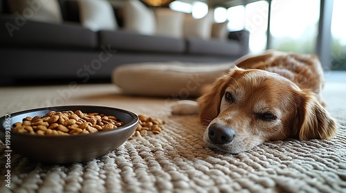 Dog next to food bowl indoors.
