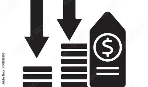 Price tag icon with dollar sign and downward arrows over stacked bars, representing discount, price drop, cost reduction, savings, and lower expenses in business