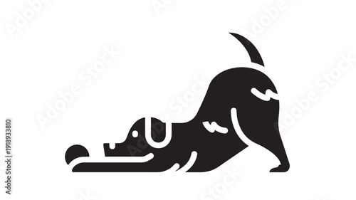 Dog stretching icon in black silhouette, playful pet doing yoga pose, minimal flat vector symbol for animal care, training, relaxation and logo design