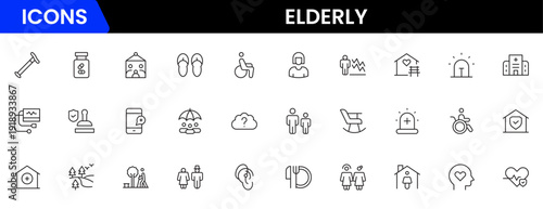 Elderly icon set. elderly care, pension, vision loss, and more. line icon style. old age element vector illustration