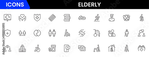 Elderly icon set. elderly care, pension, vision loss, and more. line icon style. old age element vector illustration