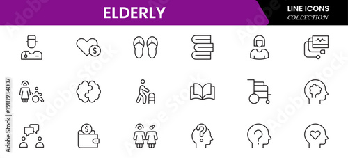 Elderly icon set. elderly care, pension, vision loss, and more. line icon style. old age element vector illustration