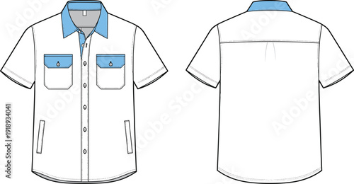 White short sleeve shirt with blue accents front and back view white shirt
