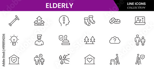Elderly icon set. elderly care, pension, vision loss, and more. line icon style. old age element vector illustration