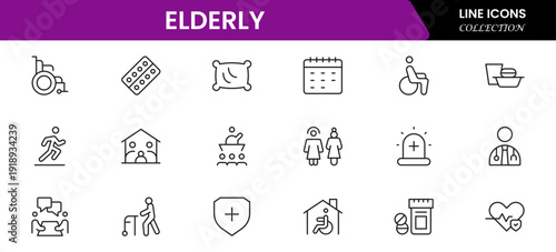 Elderly icon set. elderly care, pension, vision loss, and more. line icon style. old age element vector illustration