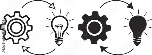 Minimalist vector line illustration of a gear and light bulb connected with circular arrows, symbolizing innovation, workflow, idea development, and continuous improvement. Clean black outline design 