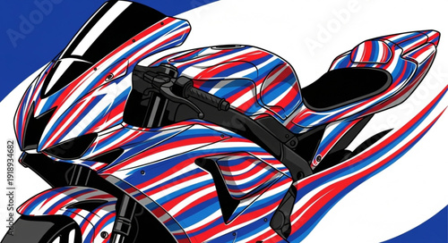 Sport Motorcycle with Red White and Blue Stripes.