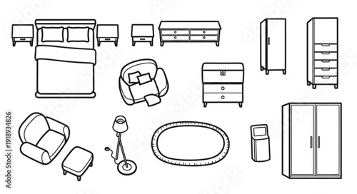 Collection of Furniture Icons for Interior Design and Home Decor.