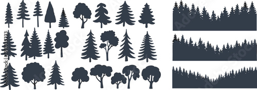 Tree silhouette illustration set, forest woodland collection, pine evergreen shapes, nature landscape elements, decorative outdoor foliage design artwork bundle