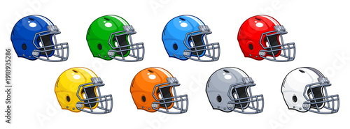 classic american football gridiron helmets various colors red blue green orange yellow gray sport icon symbol logo vector set on transparent background