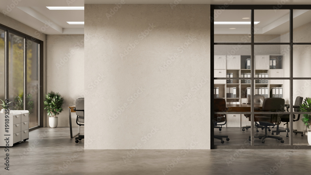Obraz premium 3D Office interior with blank wall and meeting room, Minimal corporate workspace with empty poster mockup