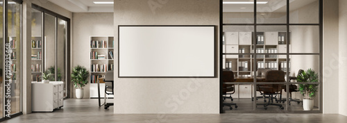 Fotografie 3D rendered Office interior with blank wall frame and meeting room, Minimal corp