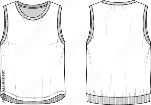 White sleeveless shirt front and back views with ribbed trim white shirt tank athletic wear