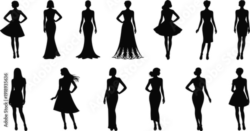 Women dress silhouette illustration set, elegant female fashion poses collection, stylish lady gown figures, formal clothing outline design artwork