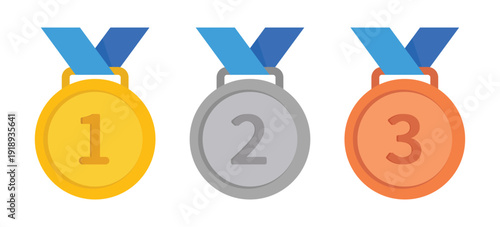 Gold silver and bronze medal icons representing first second and third place. Transparent PNG and vector illustration