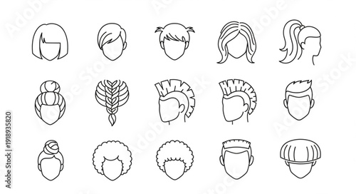 Collection of Diverse Hairstyles Illustrated in Sketchy Line Art Style.