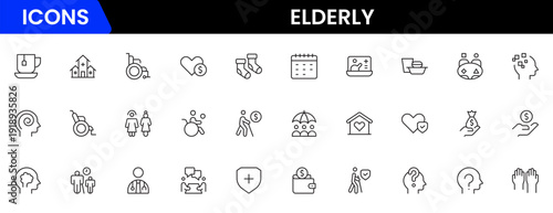 Elderly icon set. elderly care, pension, vision loss, and more. line icon style. old age element vector illustration